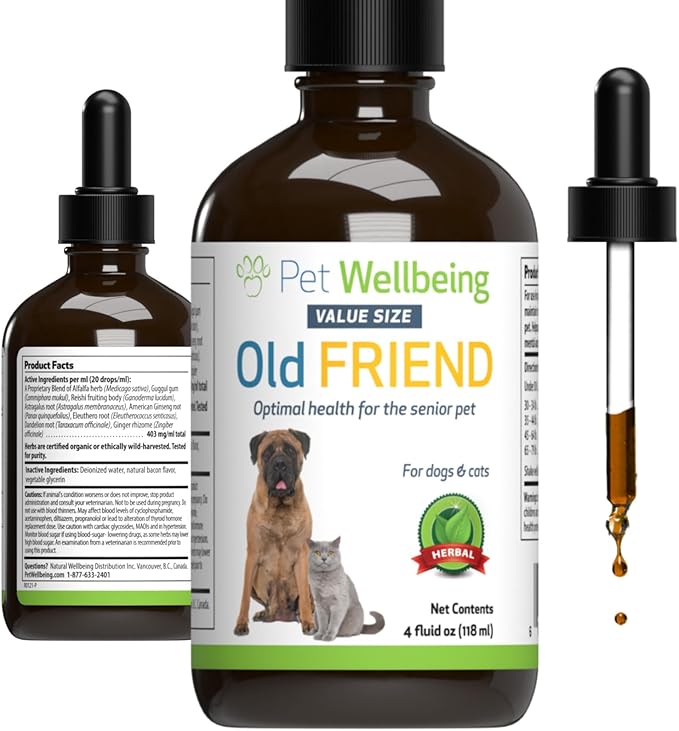 Pet Wellbeing Old Friend for Senior Dogs &amp; Cats- Supports Immune System Health, Joint Mobility, Healthy Energy Levels, Alfalfa, Reishi - Veterinarian-Formulated Herbal Supplement 4 oz (118 ml)