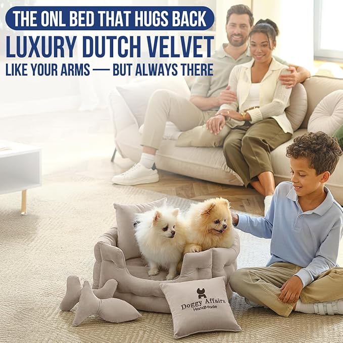 Luxury Dog Bed Chesterfield – Handcrafted Velvet Throne for Dogs | Joint Support, Calming &amp; Temp-Regulating Comfort | Durable 5+ Years, Anti-Claw, Washable 100+ Times –Ivory, Size: XS
