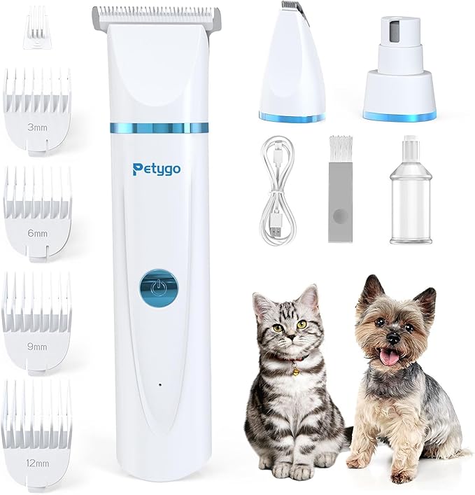 3-in-1 Dog &amp; Cat Grooming Kit - Rechargeable Cordless Pet Hair Clippers with Nail Grinder &amp; Paw Trimmer &amp; 5 Guide Combs, Low Noise Dog Clippers for Grooming Small Medium Pets
