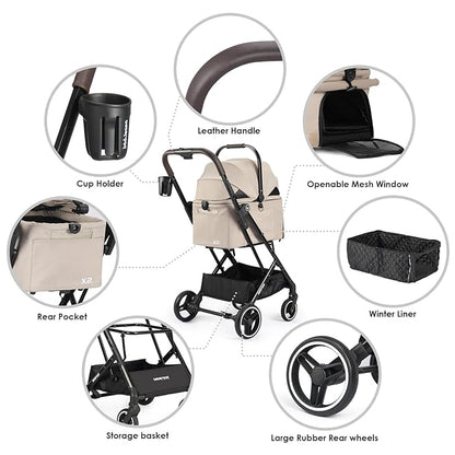 X2 Pet Stroller, Dog Cat Stroller for Small Pets Under 44lbs, Equipped with Detachable &amp; Foldable Carrier, Waterproof Pad &amp; Sunshade Canopy,Camel (Camel)