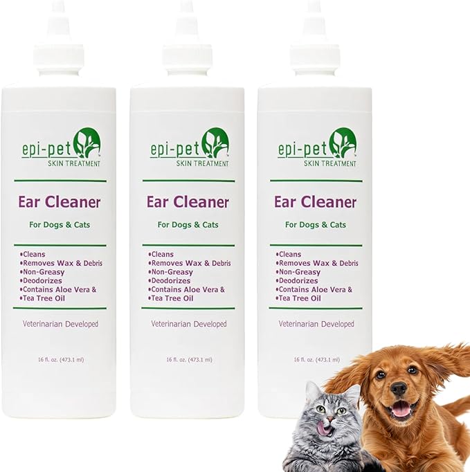 Dog &amp; Cat Ear Cleaner Solution with Aloe Vera &amp; Tea Tree Oil – Removes Itchy Ear Wax, Debris, Odor – Ears Wash, Drops &amp; Flush for Pets, Dog Ears Cleaning, Cat Cleaner (16 oz- Pack of 3)