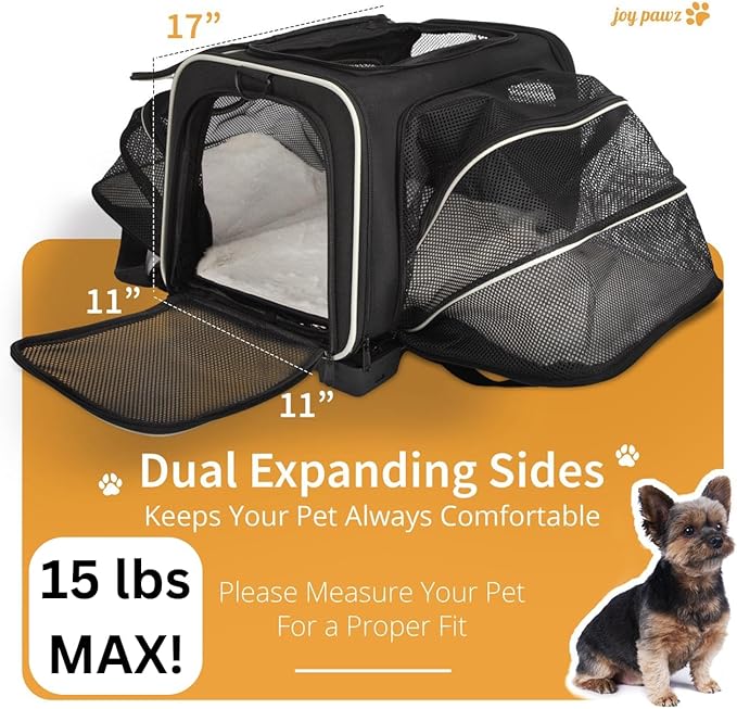 Pet Carrier for Travel - Small Dogs/Cats - 15 LBS MAX Dogs/Cats Expandable - Airline Approved &amp; Roomy - Premium Pets Carrier with Wheels - Cozy Soft-Lined Travel Carrier - Stylish Black Design