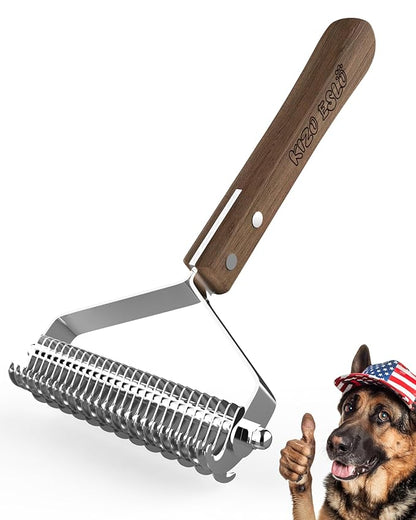 Extra Large 2-Sided Undercoat Rake for Dogs &amp; Cats, Dog Brush for Shedding Remove Mats, Dematting Comb, Safe &amp; Gentle Grooming Brush for German Shepherds Medium to Long-Haired Pets (Walnut Handle)