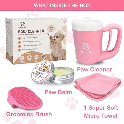 Dog Paw Cleaner for Small &amp; Medium Dogs – Portable Paw Washer Cup with Soft Silicone Brush, Towel &amp; Moisturizing Balm – Gently Cleans Muddy Paws After Walks (Pink, Medium)