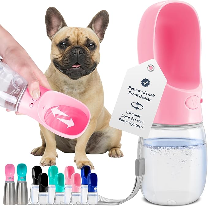 MalsiPree Dog Water Bowl Dispenser - 12 Oz, Pink - Portable Dog Water Bottle &amp; Travel Pet Bowl - Leak Proof