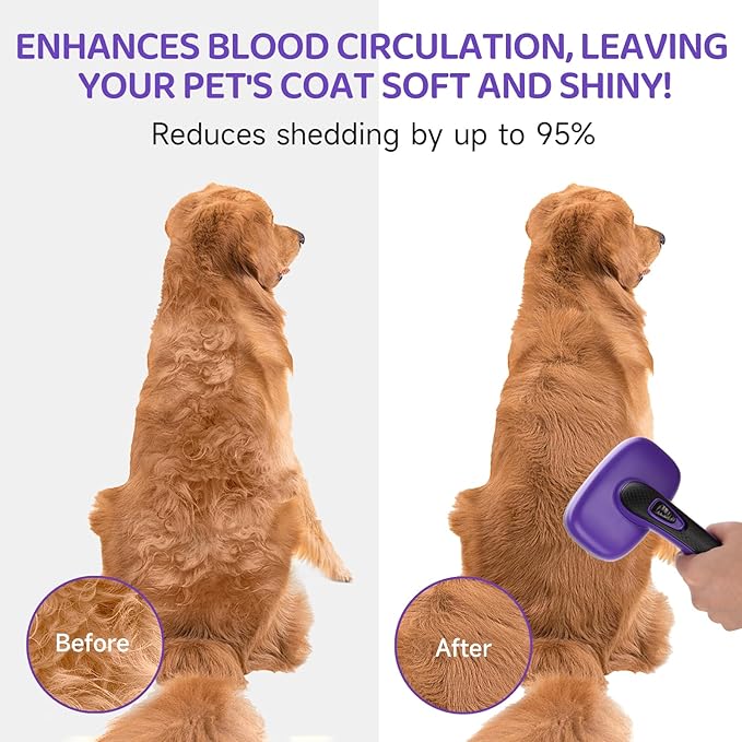 Dog Brush Kit – 3 PCS Grooming Set with Self-Cleaning Brush, Undercoat Rake &amp; Pet Bath Brush. Great for Shedding, Tangles &amp; Dirt Removal – Ideal for Long &amp; Short Haired Dogs &amp; Cats, Purple