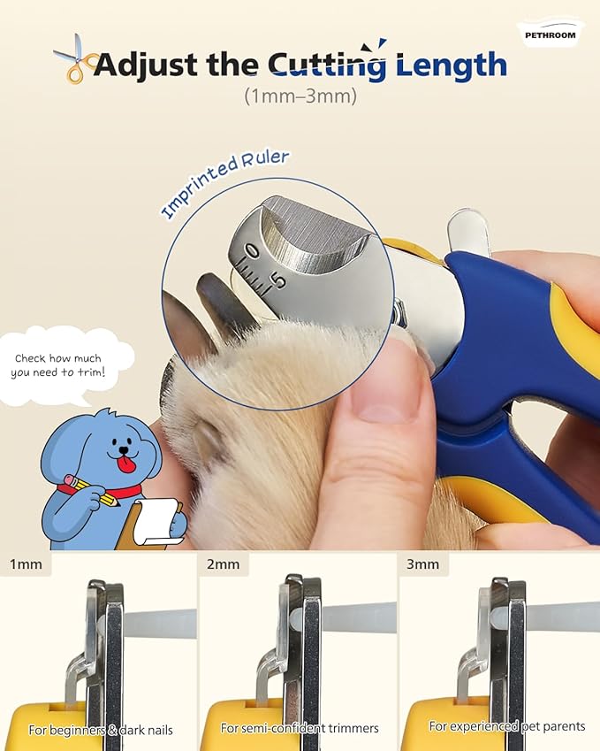 PETHROOM] Professional Dog Nail Clipper with Transparent Guard &amp; Nail File | Adjustable Cutting Length (1-3mm) Sturdy, Durable Stainless Steel Blade | Nail Trimmer for Pets Avoid Overcutting