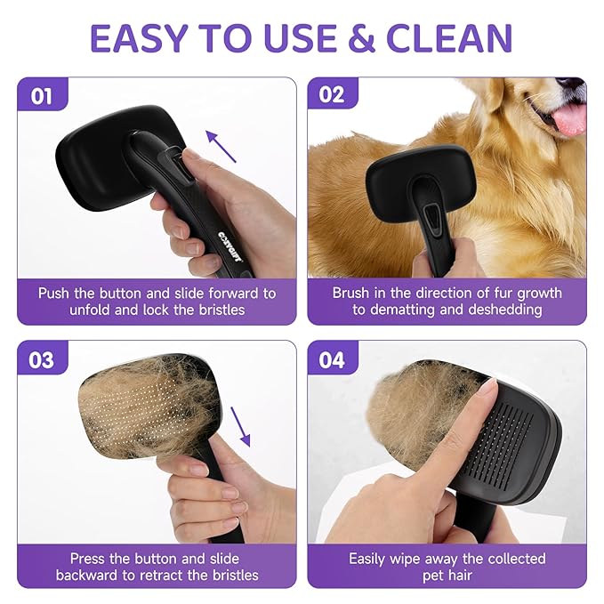 Dog Brush Kit – 3 PCS Grooming Set with Self-Cleaning Brush, Undercoat Rake &amp; Pet Bath Brush. Great for Shedding, Tangles &amp; Dirt Removal – Ideal for Long &amp; Short Haired Dogs &amp; Cats, Black
