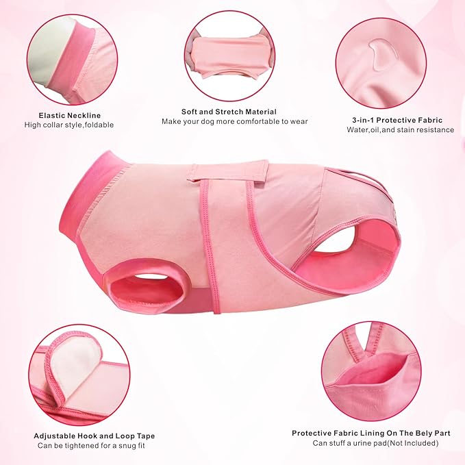 Idepet Dog Recovery Suit Female,Dogs Onesie Suit Surgery Male Breathable Pet Bodysuit for Spay Neuter E-Collar &amp; Cone Alternative Surgical Suit Puppy Abdominal Anti Licking Wounds Shirt (Pink, S)