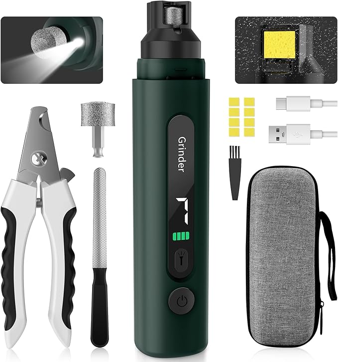 Dog Nail Grinder, 7-Speed Quiet Electric Dog Nail Trimmers, Dog Nail Clippers with Sponge Dust Collection &amp; File for Small Medium Large Dogs, Rechargeable Pet Paw Grooming Supplies Ki(Green)