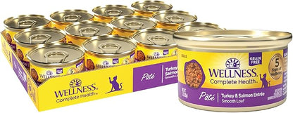 Wellness Complete Health Pate Adult Wet Cat Food, Natural, Protein-Rich, Grain Free, 3 Ounce, 24 Pack, (Turkey &amp; Salmon)