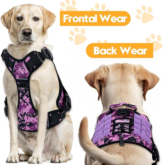 Heavy-Duty Tactical Dog Harness for Large Dogs, No Pull Adjustable Reflective Pet Vest with Molle System, K9 Military-Grade Control for Service Training, Outdoor &amp; 10+ Breeds, Purple Camo, X-Large