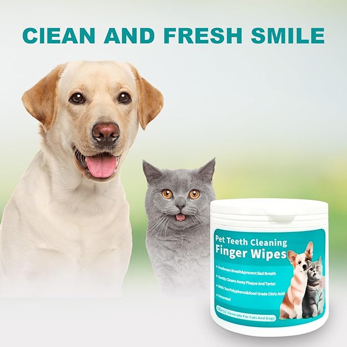 Pet Dental Finger Wipes for Cats &amp; Dogs - 50 Count | Plaque Remover, Tartar Control &amp; Breath Freshener | Soft Gauze Teeth Cleaning Pads for Pets