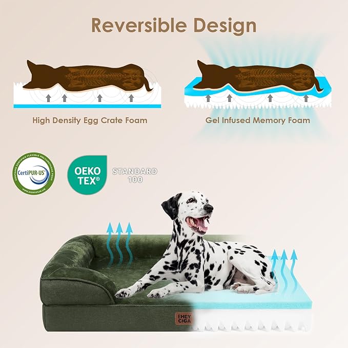 EHEYCIGA Orthopedic Dog Beds for Extra Large Dogs, Waterproof Memory Foam XXL Dog Bed with Sides, Non-Slip Bottom and Egg-Crate Foam Big Pet Couch Bed with Washable Removable Cover, Dark Green