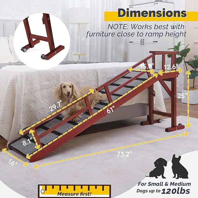 Dog Ramp for Bed or Couch, Wooden Pet Ramp with 20° Gentle Slope, Removable Side Rails, Non-Slip Surface, Top Platform &amp; Wheels, Safe Bed Ramp for Small, Medium &amp; Senior Dogs, 74" Long, Mahogany
