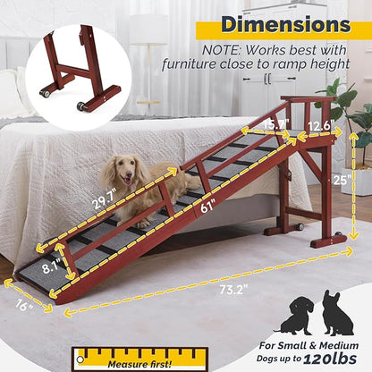 Dog Ramp for Bed or Couch, Wooden Pet Ramp with 20° Gentle Slope, Removable Side Rails, Non-Slip Surface, Top Platform &amp; Wheels, Safe Bed Ramp for Small, Medium &amp; Senior Dogs, 74" Long, Mahogany