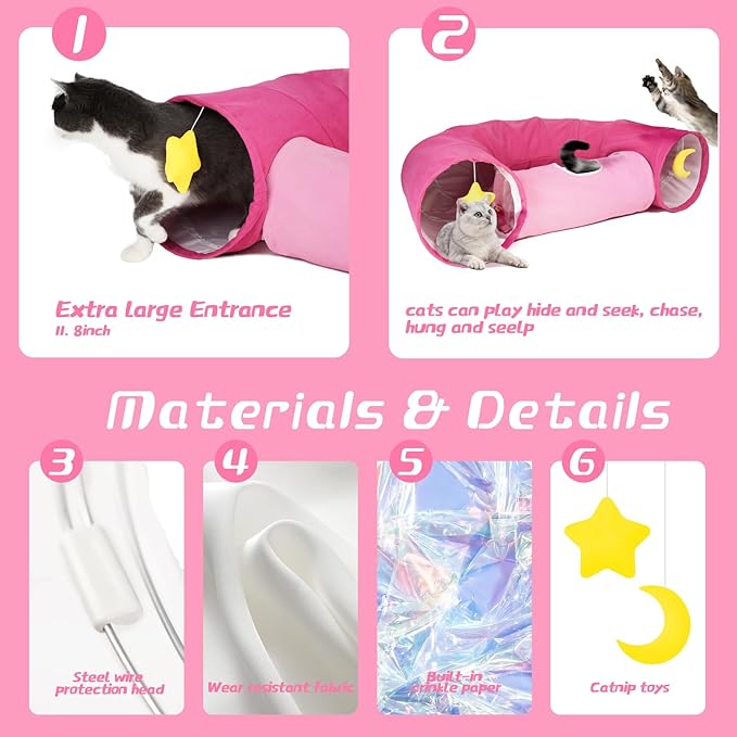 Cat Tunnel, Large Indoor Durable Collapsible Interactive Cat Tube with Peek-A-Boo Hole, Hanging Toys, and Crinkly Paper Lining - Cute Tunnel for Cats, Kittens, Puppies &amp; Rabbits, Pink