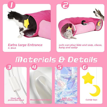 Cat Tunnel, Large Indoor Durable Collapsible Interactive Cat Tube with Peek-A-Boo Hole, Hanging Toys, and Crinkly Paper Lining - Cute Tunnel for Cats, Kittens, Puppies &amp; Rabbits, Pink