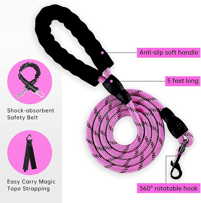 IVY&amp;LANE No Pull Dog Harness for Large Dogs, Dog Vest Harness with Leash, Safety Belt and Storage Strap, Fully Adjustable Harness, 360° Reflective Strip, Soft Handle (Fuchsia Pink, L)