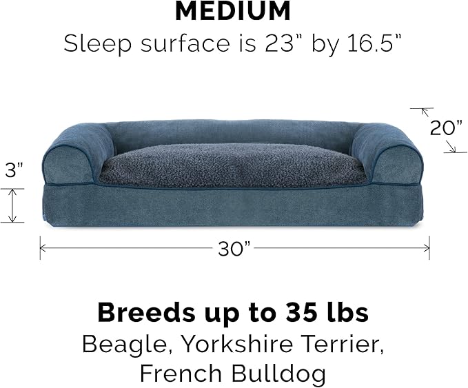 Furhaven Pillow Dog Bed for Medium/Small Dogs w/ Removable Bolsters &amp; Washable Cover - Sherpa &amp; Chenille Sofa - Orion Blue, Medium