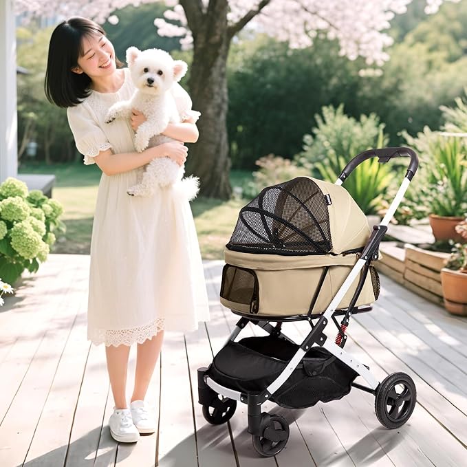 Pet Stroller for Medium Small Dog &amp; Cat, Foldable Lightweight Dog Stroller with Storage Basket Pet Travel Carriage with Safety Leashes, 4 Wheel, Khaki