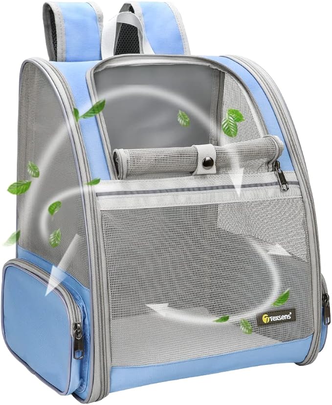 Texsens Pet Backpack Carrier for Small Cats Dogs | Ventilated Design, Safety Straps, Buckle Support, Collapsible | Designed for Travel, Hiking &amp; Outdoor Use (Blue)