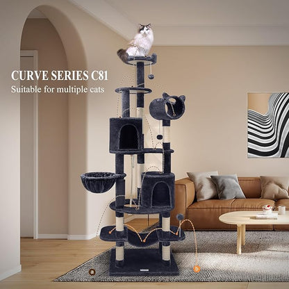 Globlazer Artistic Curved Cat Tower for Small Cats (Under 12 lbs), 81-inch Slim Design Cat Tree with Space-Saving Design, Indoor Cat Condo with Hammock &amp; Tunnel, C81, Dark Gray, Non-Large Cats