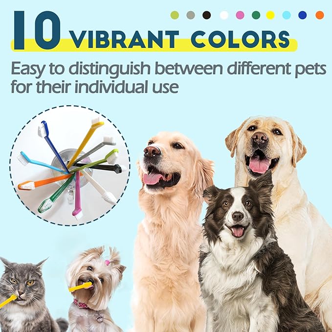 300 Pcs Dog Toothbrush Cat Tooth Brushes Bulk, Double Sided Brushing Kit, Teeth Cleaning Kit Soft Bristles Long Handle, Pet Tooth Brush for Small to Large Dog, Cat, Puppy &amp; Kitten, 10 Colors