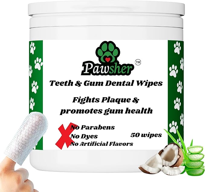 Dog Teeth Cleaning Wipes, Fights Plaque, Freshens Breath &amp; Promotes Gum Health, No-Rinse Finger Toothbrush, Gentle &amp; Naturally Safe, Completes Your Dog Tooth Brushing Kit, 50 Count