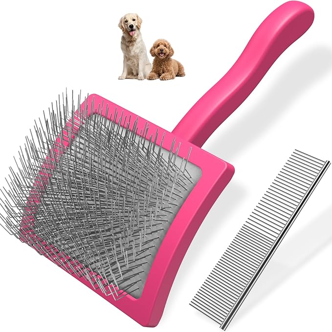 2PCS Slicker Brush for Dogs &amp; Pet Comb,Professional Dog Grooming Brush (Goldendoodles,Poodles,Labradoodles) with Extra Long Pins to Effectively Remove Tangles, Knots and Mats (Pink)