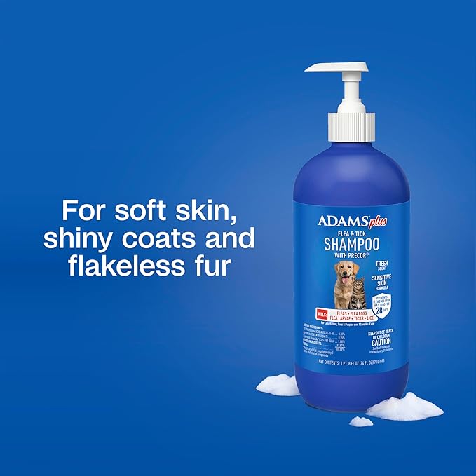 Adams Plus Flea &amp; Tick Shampoo with Precor for Cats, Kittens, Dogs &amp; Puppies Over 12 Weeks Of Age |Sensitive Skin Flea Treatment |Kills Adult Fleas, Flea Eggs, Ticks, and Lice |24 Oz, Pump Included