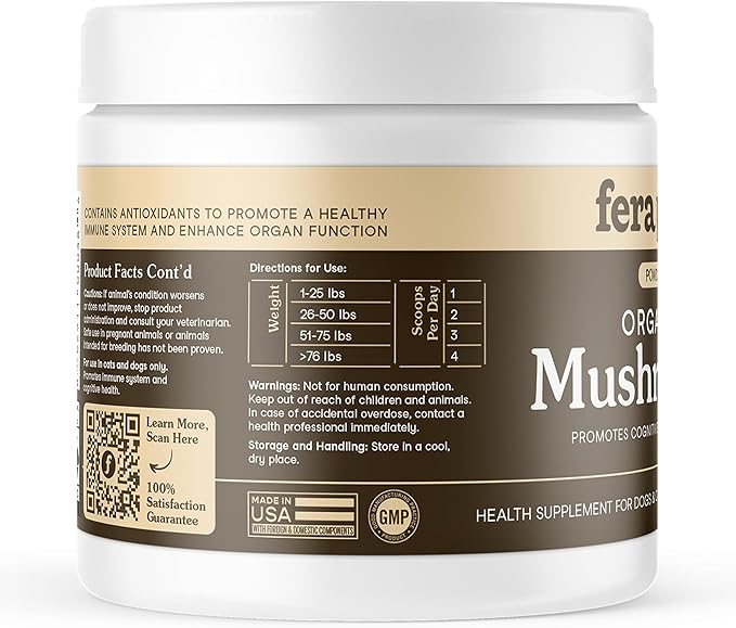 Fera Pets Mushroom Supplement for Dogs &amp; Cats with Turkey Tail - USDA Organic - Cognitive and Immune Support - Enhances Liver Function - Supports a Healthy Gut - Powder - 120 Scoops