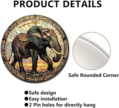 Lygond Metal Sign Tin Sign Circular Stained Glass Elephant Garden Tin Sign for Yard 8×8 Inches