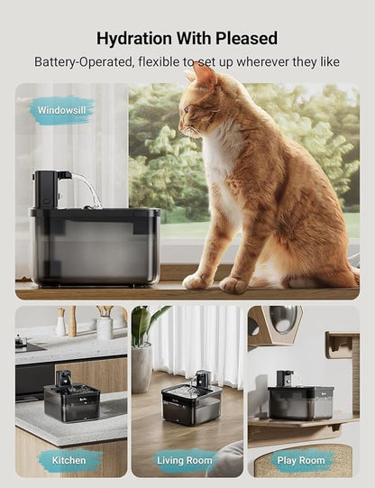 DownyPaws Cat Water Fountain Cordless, 84oz/2.5L Fursink Wireless Pet Water Fountains for Cats Indoor, Battery Operated Cat Drinking Fountain with Motion Sensor, Ultra Quiet Pump, BPA-Free, Black