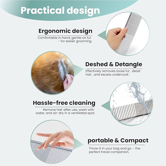 [3 Pack] Stainless Steel Pet Comb Set – Grooming Combs for Dogs &amp; Cats, Large Medium Small Sizes – for Long, Short, Curly Hair, Detangling Matted or Knotted Undercoat Hair