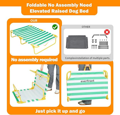 Dog Elevated Bed Foldable Portable Raised Bed Camping cot Outdoor Summer Dog Bed (Large, GreenStripes-Oxford Fabric)