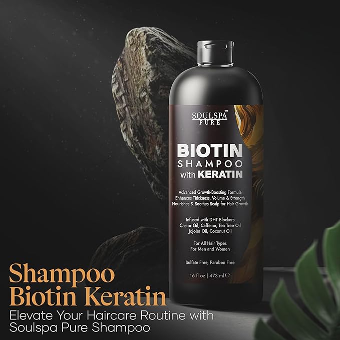 Biotin Shampoo with Keratin - Advanced Anti-Thinning, Hair Growth &amp; Repair Formula - Soothes Scalp, with Tea Tree Oil &amp; DHT Blockers - Strong, Healthy Hair for Men &amp; Women - 16 fl oz