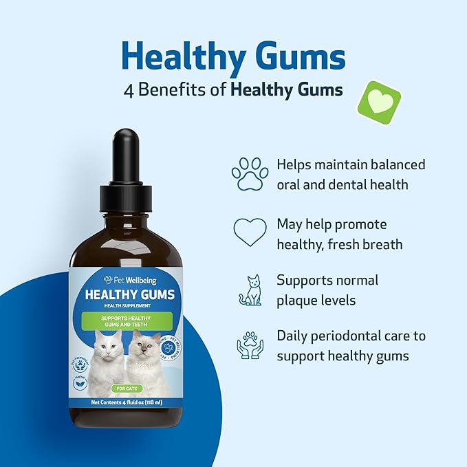 Pet Wellbeing Healthy Gums for Cats - Gums &amp; Dental Health, Oral Care, Healthy Breath, Coenzyme Q10, Zinc Oxide, Calendula, Marshmallow Root - Veterinarian-Formulated Holistic Topical 4 oz (118 ml)