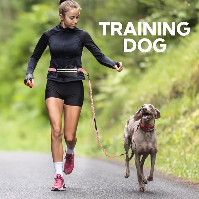 Hands Free Dog Leash, Adjustable Waist Belt with Double Padded Handles, Retractable Bungee for Medium &amp; Large Dogs, Waist Leash for Dog Walking, Running, No Pull, Pink