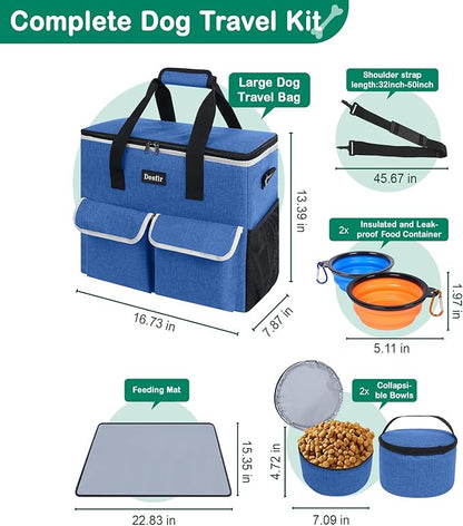 Large Pet Travel Bag Organizer - Dog &amp; Cat Tote with Food Containers, Bowls, Feeding Mat, Perfect for Camping, Hiking (Multi-Pocket Design)