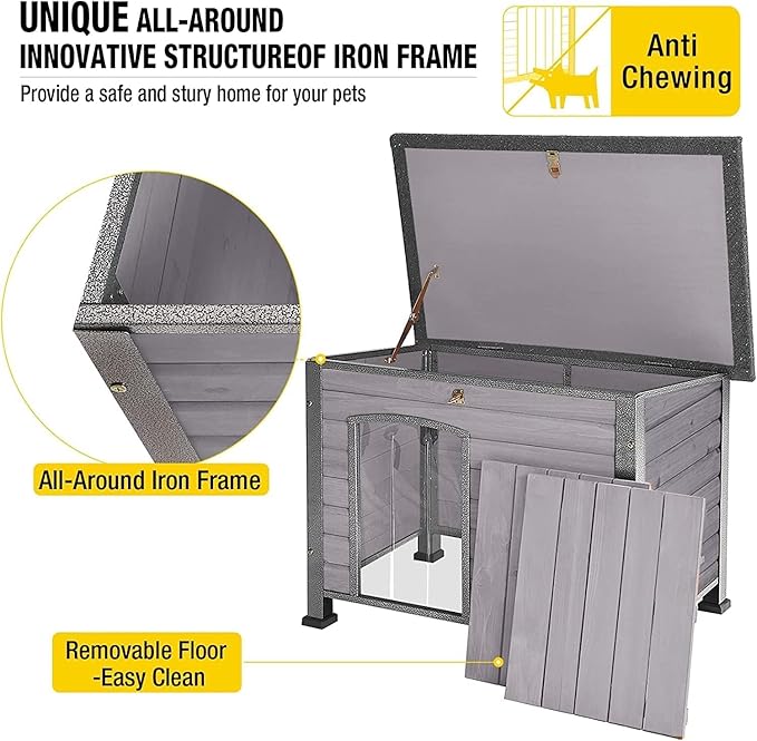 Aivituvin Dog House Outdoor Indoor Weatherproof Dog House for Small &amp; Medium &amp; Large Dogs with Unique All-Around Iron Frame＆Raised Feet（Grey）