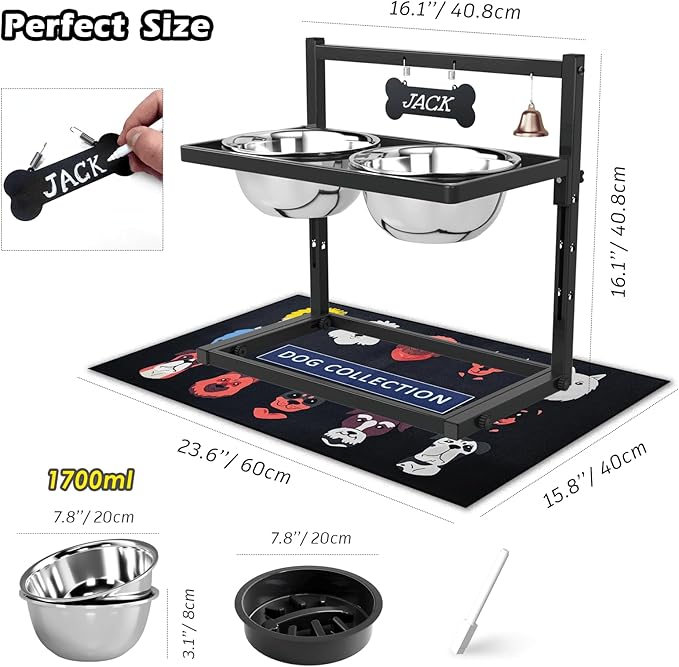 SHAINFUN Elevated Dog Bowls with Slow Feeder &amp; Spillproof Mat, Raised Dog Bowl Stand with 2 Stainless Steel Food Water Bowls, Adjustable Height Stand for Large Medium Breeds