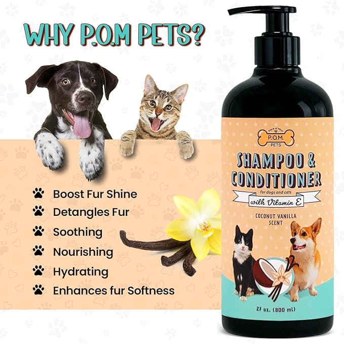 POM Pets 2-in-1 Organic Dog Shampoo &amp; Conditioner – Itchy Skin Relief, Dog Deshedding, Detangles Fur, Cat Shampoo, Paw Cleaner for Dogs, Natural Coat Defense Formula