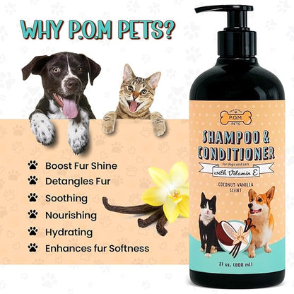 POM Pets 2-in-1 Organic Dog Shampoo &amp; Conditioner – Itchy Skin Relief, Dog Deshedding, Detangles Fur, Cat Shampoo, Paw Cleaner for Dogs, Natural Coat Defense Formula