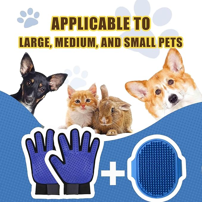 Cat &amp; Dog Grooming Gloves - Deshedding Brush for Shedding, Gentle Pet Hair Remover &amp; Massage Gloves for Cats, Dogs, All Fur Types (1 Brush +1 Pair Gloves)