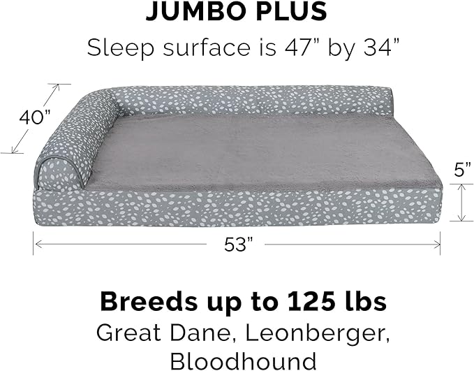 Furhaven Cooling Gel Dog Bed for Large Dogs w/ Removable Bolsters &amp; Washable Cover, For Dogs Up to 125 lbs - Plush &amp; Almond Print L Shaped Chaise - Gray Almonds, Jumbo Plus/XXL