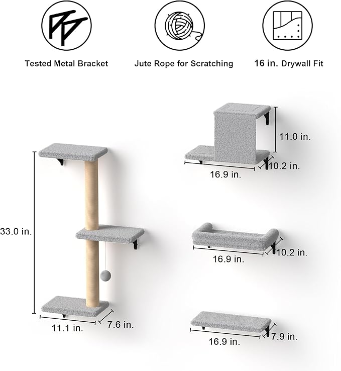 FUKUMARU Cat Wall Shelves, Stable &amp; Safe 4 in 1 Cat Furniture Set, Wooden Climbing Wall with Scratching Post for 16 Inch Drywall - Light Gray
