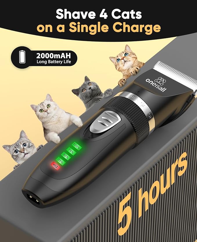 oneisall Quiet Cat Clippers for Matted &amp; Long Hair, 2-Speed Cordless Pet Shaver Grooming Kit for Cats, Small Dogs &amp; Animals (Black)