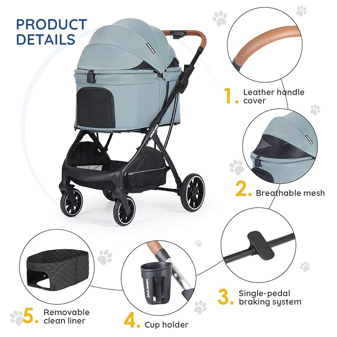 T5 Luxury Pet Stroller for Medium Dog Under 60lbs or 2 Small Dogs &amp; Cats with 180 ̊Canopy, Sun Shades, Auto-Folding Stroller for Multiple Pets (Green)