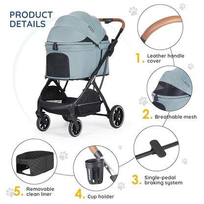 T5 Luxury Pet Stroller for Medium Dog Under 60lbs or 2 Small Dogs &amp; Cats with 180 ̊Canopy, Sun Shades, Auto-Folding Stroller for Multiple Pets (Green)